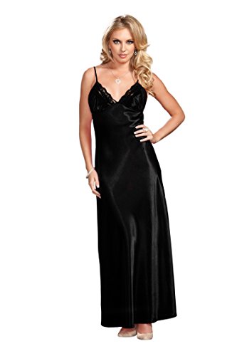 iCollection Women's Long Lace Trimmed Satin Gown, Black, X-Large