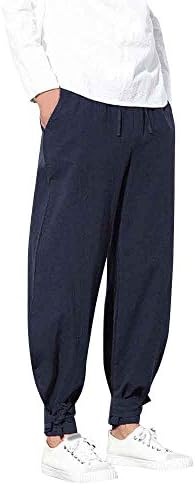 XUANOU Men Chinese Harem Elastic Waist Solid Cotton Loose Baggy Trousers Plus