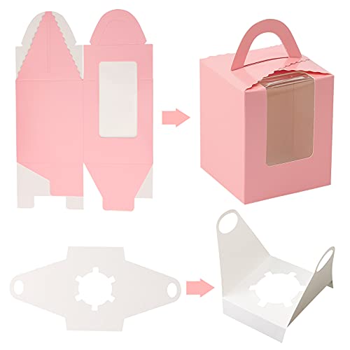 VGoodall 30 PCS Pink Cupcake Boxes, Single Cupcake Carrier with Window Insert and Handle Pastry Containers Muffins Cupcake Carriers for Bakery Wrapping Party Favor Packing
