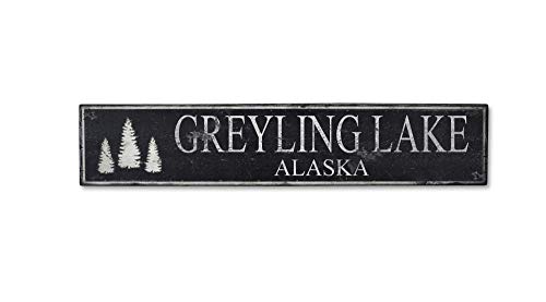 Greyling Lake Alaska, Lake House Rustic Hand-Made Vintage Wooden Sign - 7.25 x 36 Inches