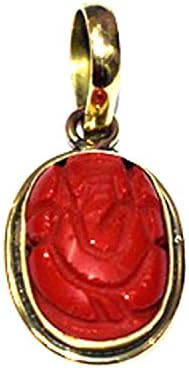 Gems Handmade Designer Natural Taiwan Red Coral Moonga Ganesh ji Golden Panchdhatu Alloy Unisex Pendant