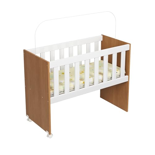 Mini Berço Infantil Nina 2 em 1 Chiqueirinho com Rodízios e Colchão Incluso Portátil Moderno Confortável Seguro Recém-Nascido Bebê Menina Menino Suporte Mosqueteiro (Branco/Freijó)