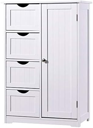 Bathroom Floor Cabinet, CrazyLynX Free Standing Wooden Storage Cabinet Organizer with 4 Drawers and One Cupboard, 22" x 32.7", for Home/Garden/Office (Off White)