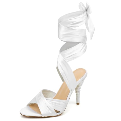Women's Ballet Satin Lace Up Tie Strappy Sandals Stiletto Heels-White-11 at Amazon