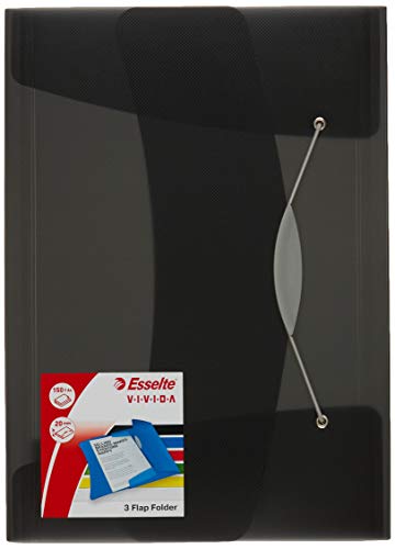 Esselte 3-Flap Folder, Holds up to 150 A4 Sheets, Elastic Closure, Flexible Plastic, Black, Vivida Range, 624043