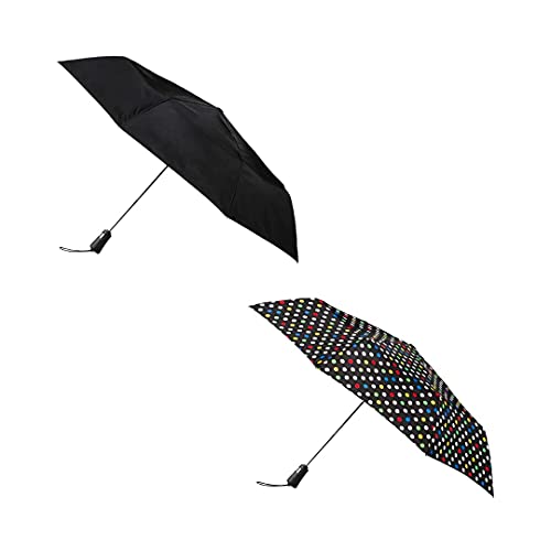 totes Titan Compact Travel Umbrella - UV Sun Protection, Windproof, Waterproof, Auto Open/Close Bundle - Black and White Multi Sport Dot