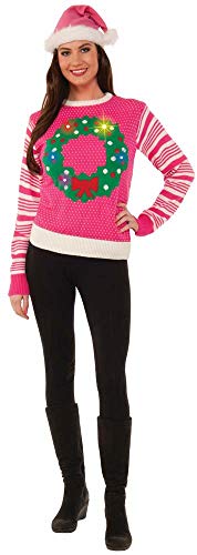 Ladies Light Up Santa Costumes - Forum Novelties Pink Light-Up Wreath Women's Ugly Christmas Sweater