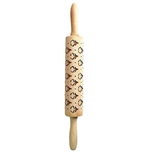 Variety Design Christmas Symbols Pattern Wooden Rolling Pins Engraved Embossing Rolling Pin with for Baking Embossed Cookies, Pizza and Cake Perfect Christmas gift (38CM, Lonely Snowman)