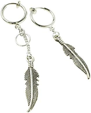 両耳用 2点セット フェザー リーフ アシンメトリー フープ フェイクピアス アクセサリー 賜物 メンズ ノンホール パイプイヤリング ユニセックス レディース