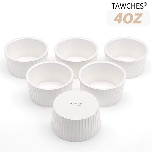 Bone China Ramekins for Baking 4 oz set of 6, White Custard Cups Creme Brulee Dishes Souffle Cups for Serving and Cooking TAWCHES