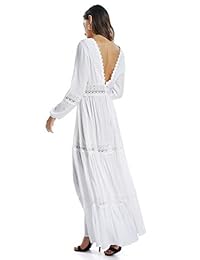 SUNJIN ARCO Vestido largo sexy con cuello en V profundo y elegante de encaje sin espalda de manga larga Boho blanco