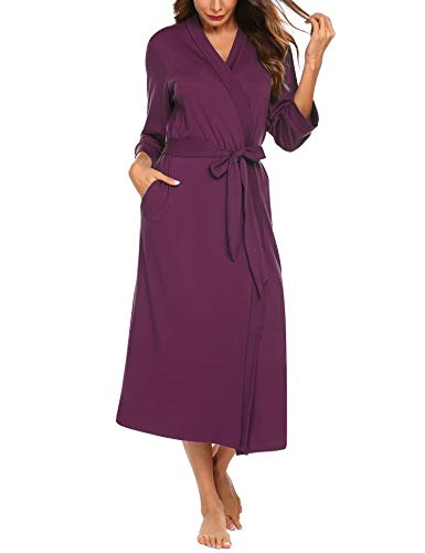 Unibelle-Damen-Morgenmantel-aus-Baumwolle-34-rmeln-Bademantel-Nachtwsche-Kimono-Saunamantel-mit-Tiefer-V-Ausschnitt-Schlafanzug-S-XXL