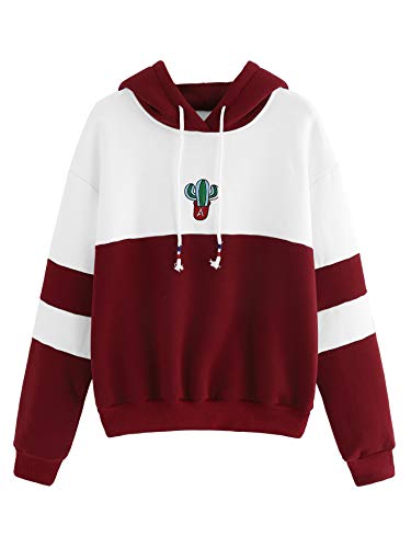 SweatyRocks Womens Long Sleeve Colorblock Pullover Fleece Hoodie Sweatshirt Tops White Burgundy X-Large