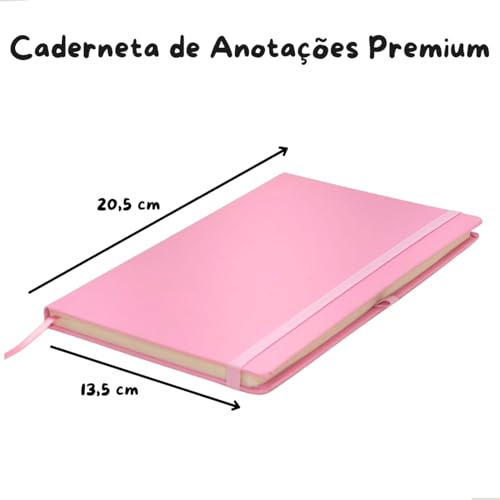 Caderneta A5 Tipo Moleskine Executiva, Capa em Couro Sintético Premium, com Elástico para Fechar, Fita Marca Páginas e Porta Caneta (Rosa com Pauta)
