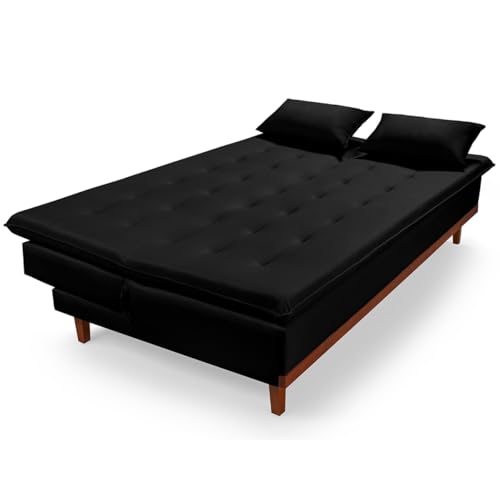 Sofá-Cama Reclinável 3 Lugares Santorini em Veludo Casal com Pés de Madeira (PRETO)