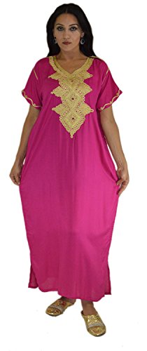 Moroccan Handmade Women Caftan Gold Embroidery Cotton fits SMALL to MEDIUM Magenta