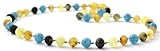 BoutiqueAmber Unpolished Baltic Amber Teething Necklace Made with Aquamarine Beads - Size 12.5 inches (32 cm) - Raw Multicolor Baltic Amber Beads (12.5 inches, Raw Multi/Aquamarine)