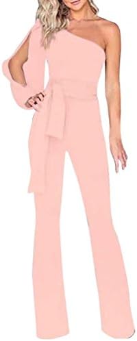 SCSAlgin blouse Women Solid Long Sleeve Cold Shoulder Jumpsuit Casual Clubwear Wide Leg Pants