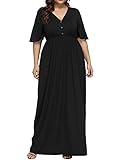 Allegrace Women's Plus Size V Neck Button Up Maxi Dress Bell Sleeve Beach Long Dresses Black 4X