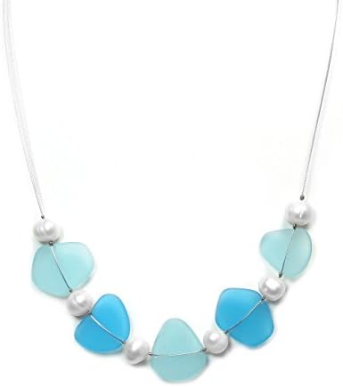 Solares Silvertone Light and Deep Aqua Blue Glass Shapes Wire Necklace