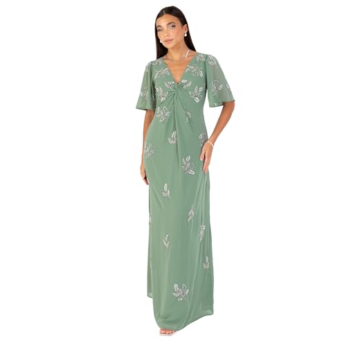 Maya Deluxe Women's Maxi Dress Ladies V-Neck Angel Sleeve Floral Bead Embellished Knot Front A-line Bridesmaid Wedding Guest Prom, Deep Mint Green 8