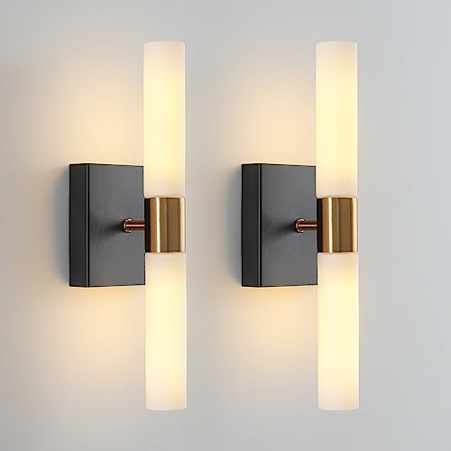 KUZZULL Wall Sconce Black and Gold Sconces Set of 2 with White Glass Shade Light Lighting Indoor Applique Murale Interieur Lamp Luminaire Mural Bathroom 13in