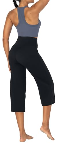 SUNZEL YOGA PANTS FOR WOMEN STRAIGHT WIDE LEG CAPRIS HIGH WAISTED LOUNGE CROP PANTS (21″ INSEAM, BLACK, L)