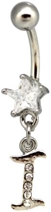 Initial I Charm Belly Ring Star Diamond Studded Letter I Bananabell (14 G) 1pc