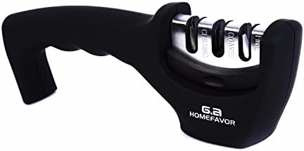 GA Homefavor Professional Manual Kitchen Knife Sharpener, 3-Stage (Coarse, Extra-Fine, Ceramic) Sharpening System for Cutlery, Black