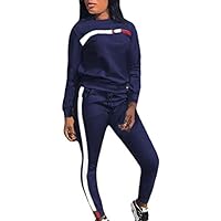 Etecredpow Women Stripe Patchwork Two Piece Sweatsuit Round Neck Pullover and Long Pants Blue s