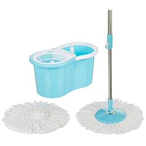 Amazon Brand- Presto! Spin Mop, Oval Bucket with Plastic Basket, 2 Refills