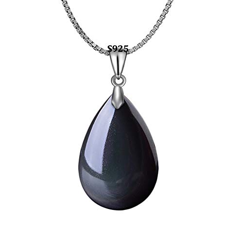 HERLANKKI925 Black Obsidian Drop Pendant with Faint Rainbow Eyes Necklace Amulet Gemstone Stainless Steel/Titanium/925 Chain Necklace