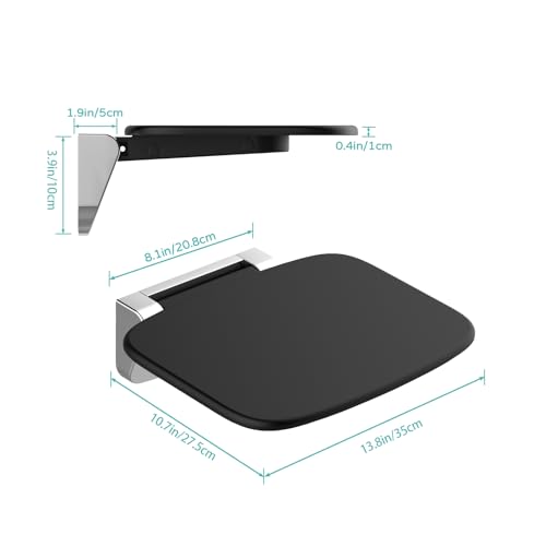 Heuffe Ultrathin Ergonomic Folding Wall Shower Seat – 160 kg Non-Slip Capacity, for Elderly and Disabled, Black