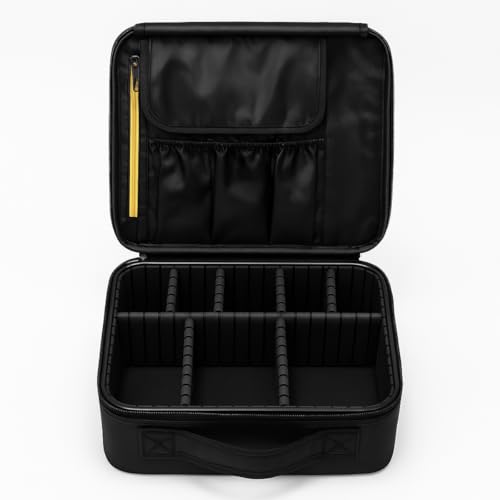 Maleta Necessaire Profissional para Maquiagem 25 x 23 x 10 cm Preta, com Divisórias Ajustáveis Porta Pincéis Impermeável Ideal para Viagem