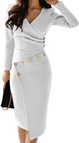 FIYOTE Womens V Neck Ruched Button Detai Wear to Work Business Bodycon Pencil Dress