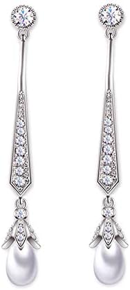 HAISWET Elegant Bride Dangle Drop Earrings Pierced Simulated Pearl Cubic Zirconia Silver Tone, White, 4.8 cm x 0.5 cm