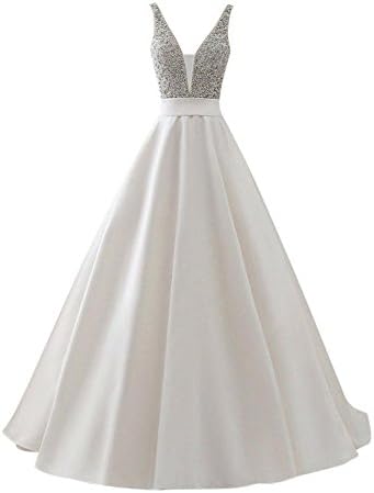 Harsuccting Deep V-Neck Beaded Backless Long Satin Prom Dress with Pocket