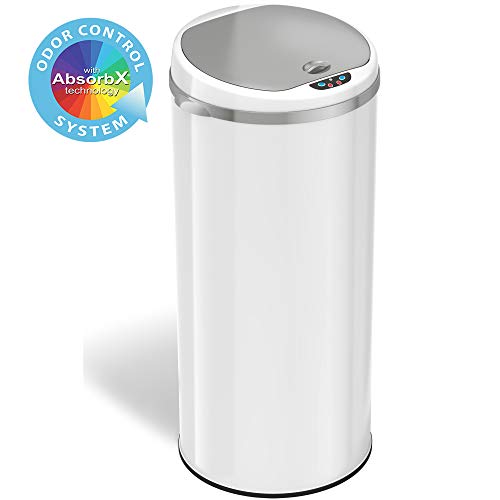 iTouchless 13 Gallon Touchless Sensor Trash Can with Odor Filter System, Round Steel Garbage Bin, Perfect for Home, Kitchen, Office, Alpine White