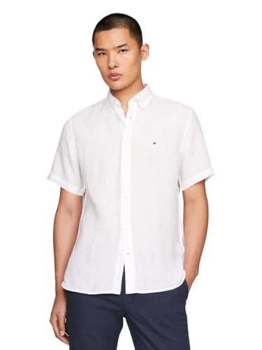 Tommy Hilfiger Men’s Pigment Dyed Linen Regular Short Sleeve Shirts, Optic White XX-Large