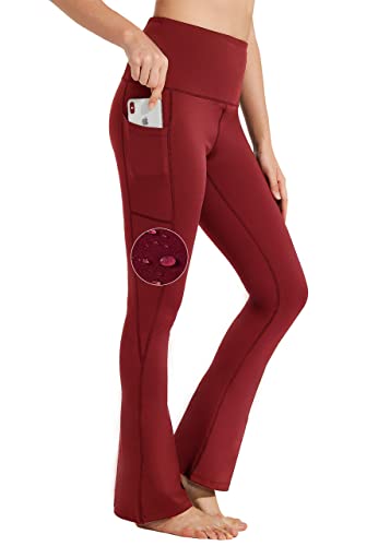 Bayge Damen Bootcut Yogahose Hohe Taille Wasserdicht Blickdicht Bauchkontrolle Slim Fit Leggings Sporthose Schlaghose Sweathose Fitnesshose Mit Taschen, Rot, Xl