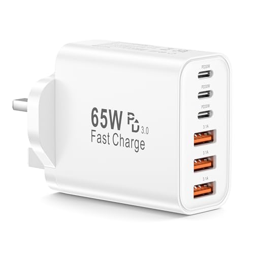 USB C Plug, 65W USBC Wall Fast Charger, Type C iPhone USB C Charger Fast Charging, 6-Port Multi Charger UK Plug Power Adapter for iPhone 17/16/15/14/13/12/11/Pro Max/Plus/Air, iPad mini/Pro, S26/S25