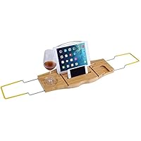 WENDONG Bath Trays, Extendable Bamboo Bath Board Rack with Wine Glass, Phone, Tablet Stand and Book Holder, Free Wooden Soap Dish, Rustproof Waterproof Lush Bathroom Tub Shelf Accessory Gift