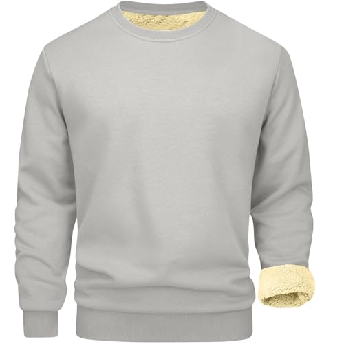 Sherpa Lined Sweatshirts for Men Winter Warm Fleece Pullover Sweatshirt Casual Long Sleeve Crewneck Thermal Shirts Gray