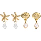 Tiny Starfish Earrings Gold Sea Shell Pearl Dangle Earrings for Women Ocean Shell Starfish Drop Earring Studs Summer Beach Jewelry