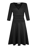 MISSKY Women Sexy V-neck 3 4 Sleeve Slimming Tunic Fit and Flare Waist Crossover Business Church Dress Casual Black M