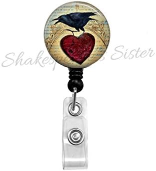 Black Crow on Heart - Badge Reel - Black Raven - Gothic - Retractable Badge - Crow ID Holder - Nurse Badge Reel - Office Badge Reel