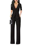 Chic-Lover Women's Elegant Solid Jumpsuit Wrap Top High Waisted Wide Leg Pants Jumpsuits Romper with Belt (Black, M)