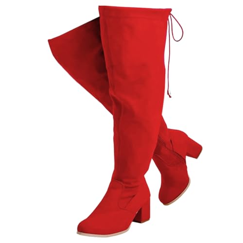 YING LAN Women's Wide Calf Over Knee Tall Boots Chunky Block Heel Red at Amazon
