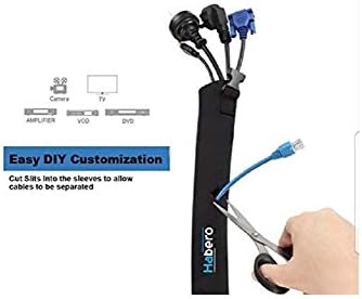 Habero Cable Management Sleeve – 60 Inch (Length) 5 Inch (Width) Best Adjustable Black Neoprene Cord Organiser - Cable Management Clips - Habero Cable Sleeve for Computer PC,TV and More.