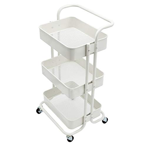 3-Tier Metal Storage Rolling Cart with Utility Mesh Basket Handle and Wheels, Multifunction Heavy Duty Large Shelves, Mobile Organizer Service Trolley for Office, Kitchen, Bedroom, Bathroom (White) - Thumbnail 7